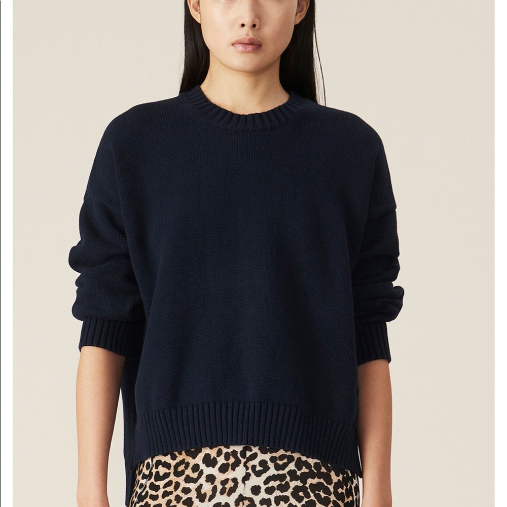 Ganni navy COTTON KNIT OVERSIZED PULLOVER